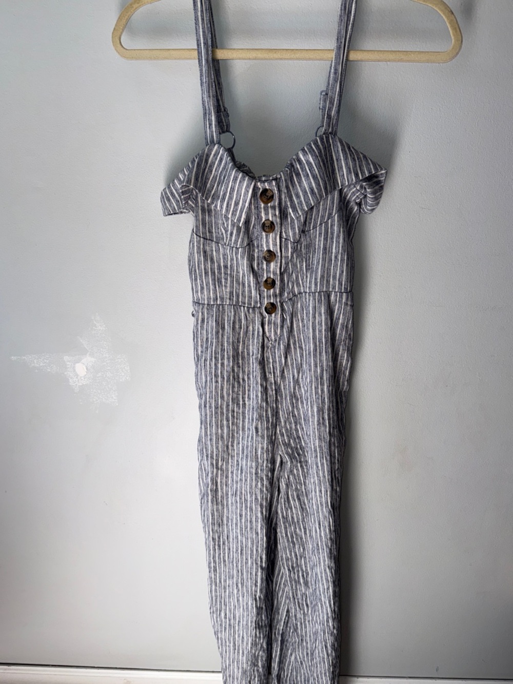 American Eagle Outfitters Gray Striped Button-Front Linen-Blend Jumpsuit